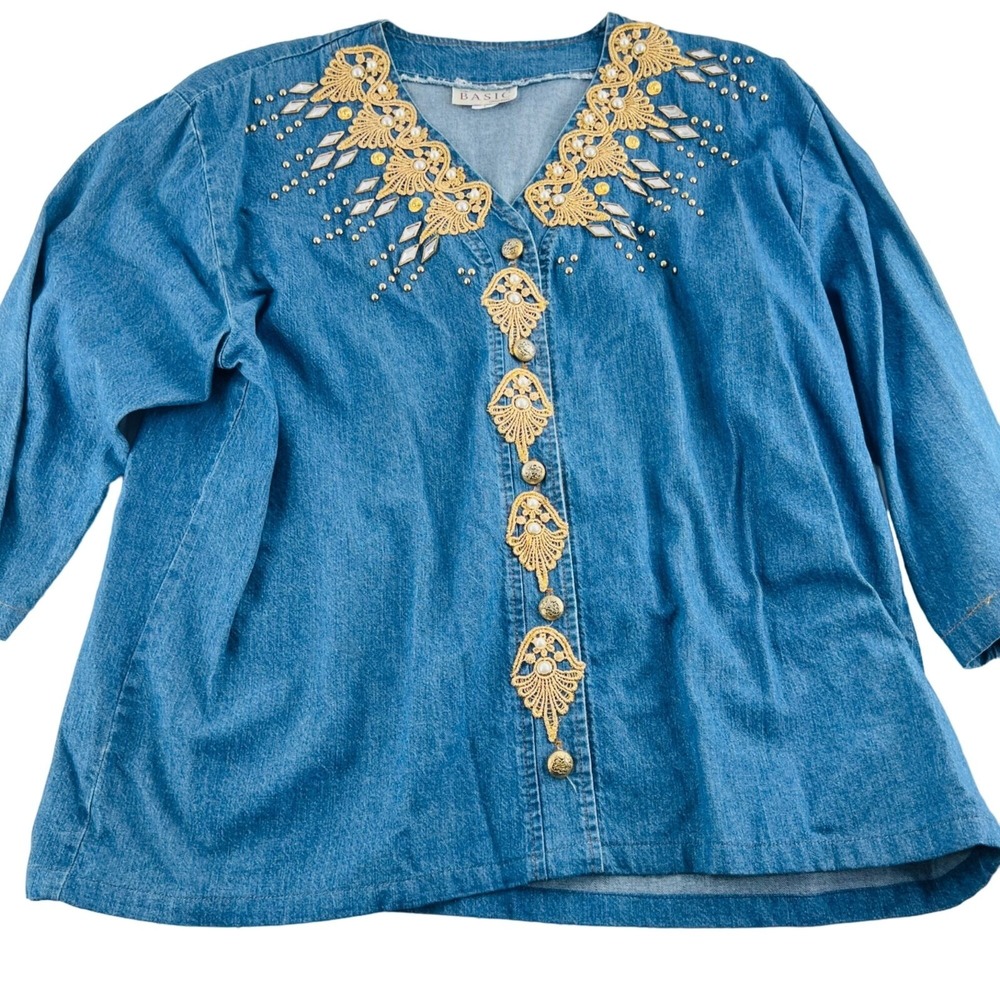 The Basic Original Blouse Large Vintage Denim Chambray Embellished Applique Gold